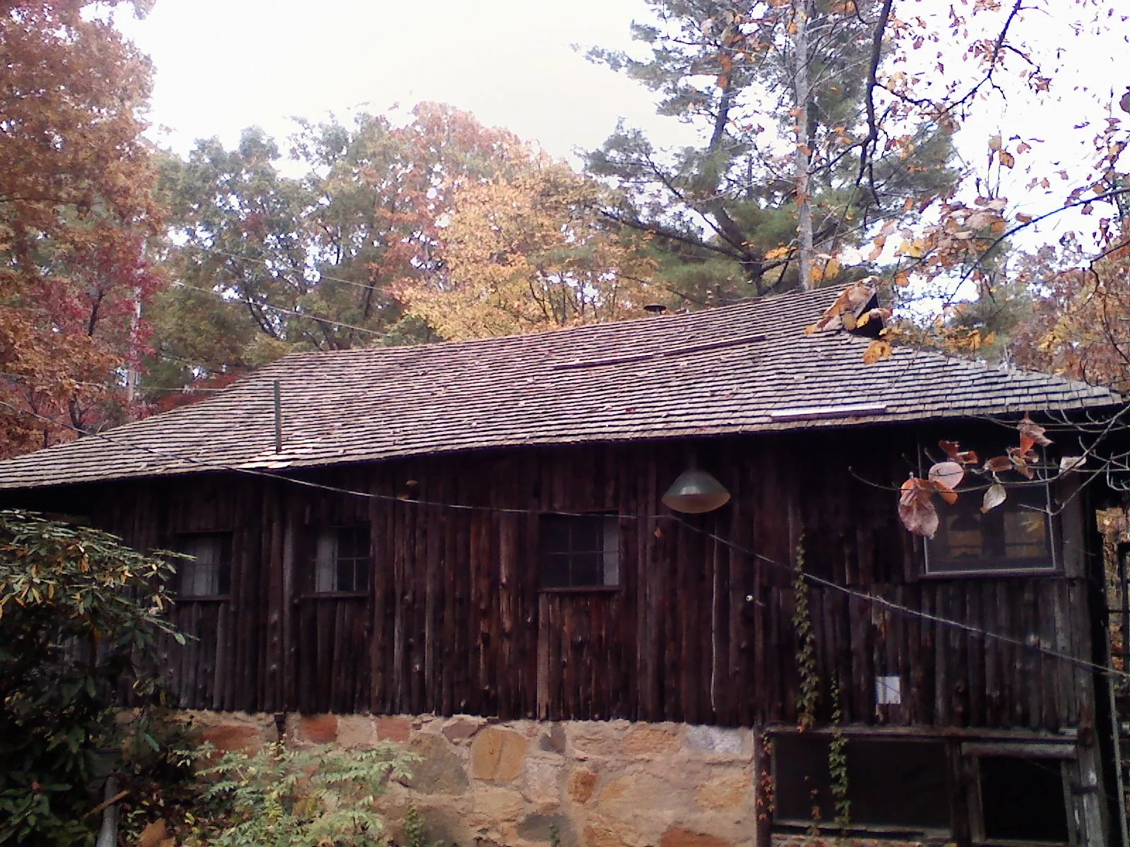 Weathered wood shake roof on a rustic board sided cabin in Morgan